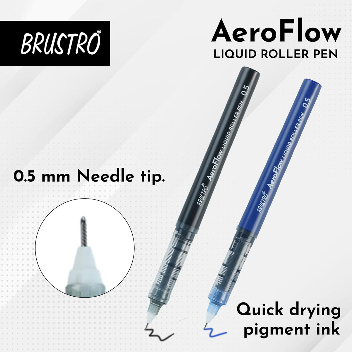 BRUSTRO AeroFlow Liquid Ink Rollerball Pens | Blue | 0.5mm, Micro Tip | Pack of 3| Ideal for Students, Professionals, Office, Exam use, Accurate Smooth Writing, Waterproof, Fade Resistant