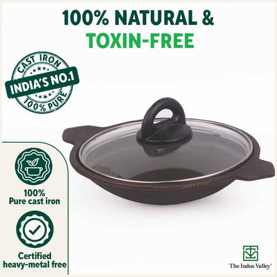 CASTrong Cast Iron Appam Pan/Appachetty, Glass Lid, Pre-seasoned, Nonstick, 100% Pure, Toxin-free, Induction, 22cm, 1.5kg