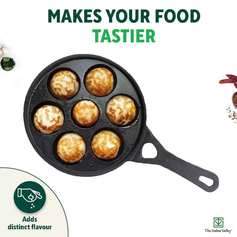 7 Pit/Cup CASTrong Cast Iron Paniyaram/Appe Pan+ Glass Lid, Pre-seasoned, Nonstick, 100% Pure, Toxin-free, 21 cm, 1.9 kg