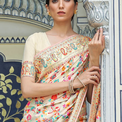 Cream-Coloured & Red Floral Silk Blend Saree