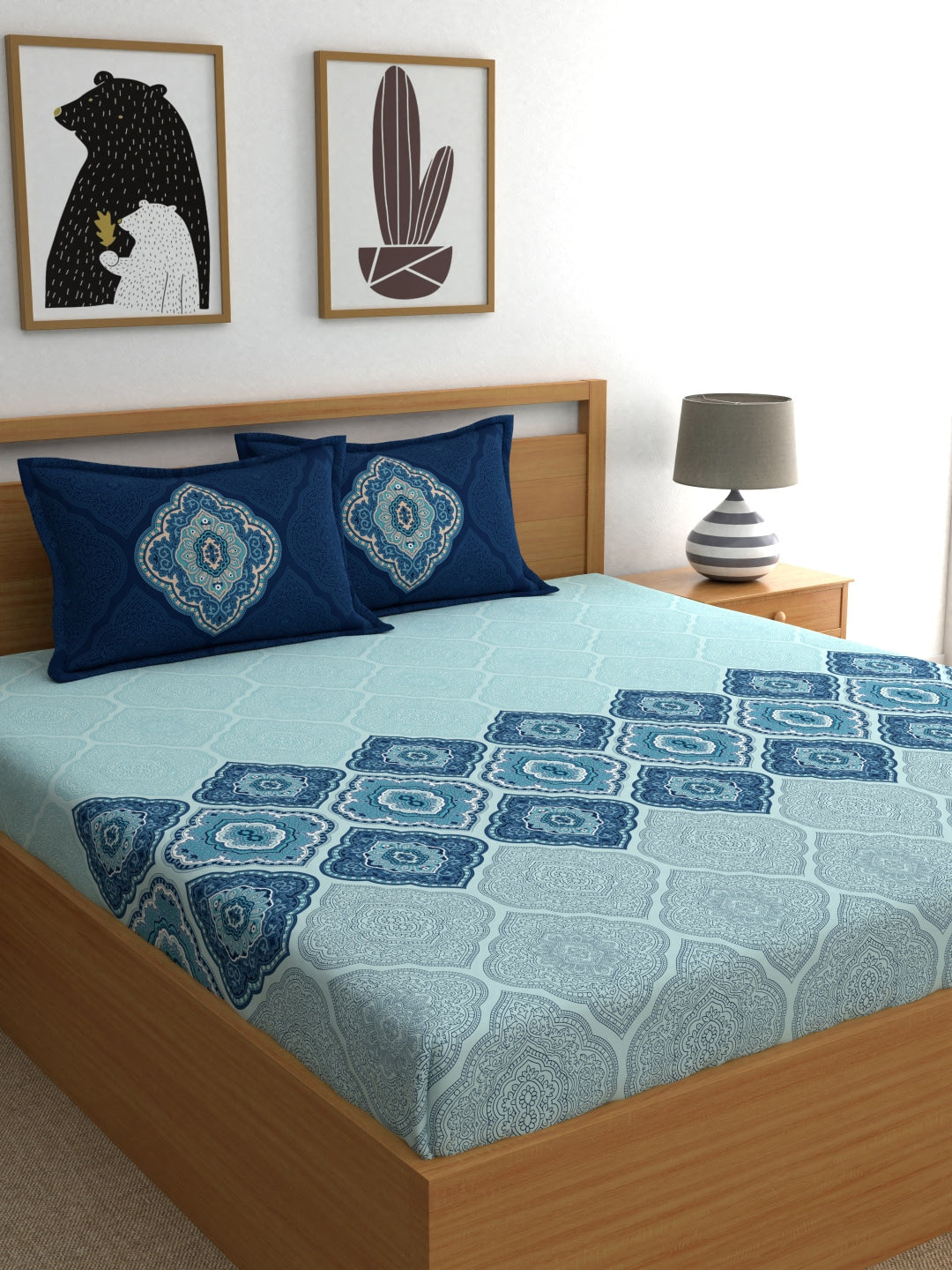 Dreamscape Blue & Turquoise Blue 140 TC Pure Cotton Bedsheet with Pillow Covers