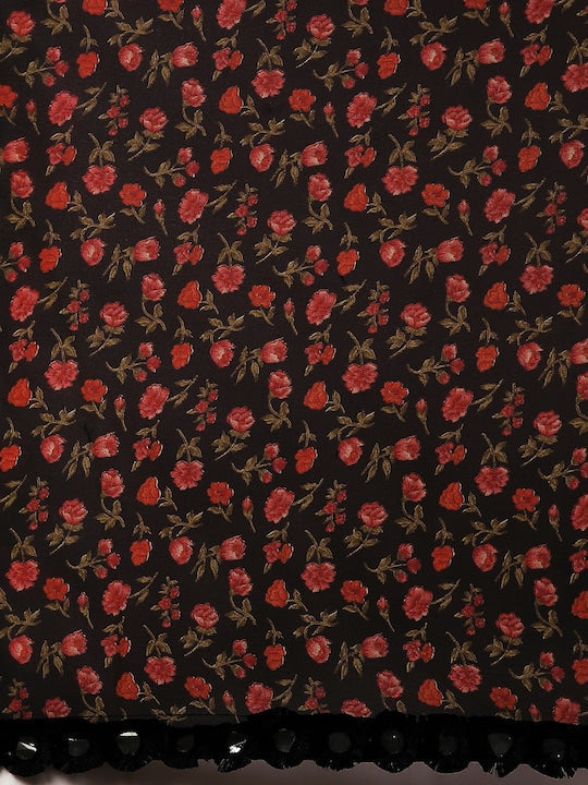 Black & Red Poly Georgette Printed Saree