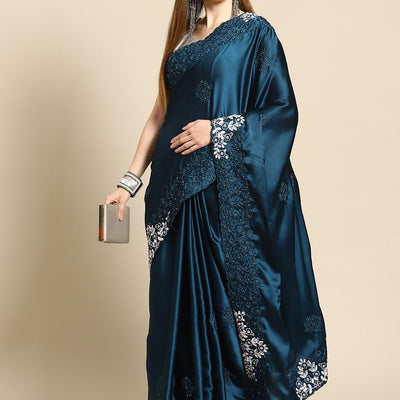 Blue Floral Embroidered Satin Saree