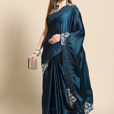 Blue Floral Embroidered Satin Saree