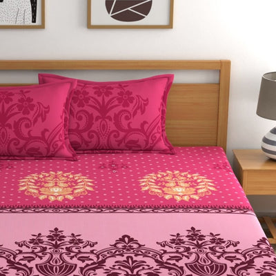 Dreamscape Pink & Beige Ethnic Motifs 144 TC Bedsheet with Pillow Covers