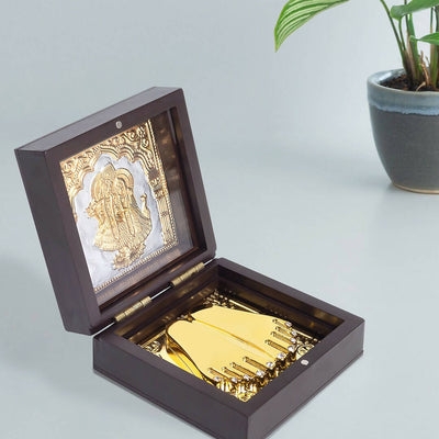 Golden Peacock Black 24 Ct Gold Polished Radha Krishna Wooden Prayer Box