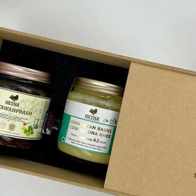 Hetha Gift Box with Himalayan Badri Cow A2 Cultured Bilona Ghee, Chyawanprash, Honey & Lip Balm
