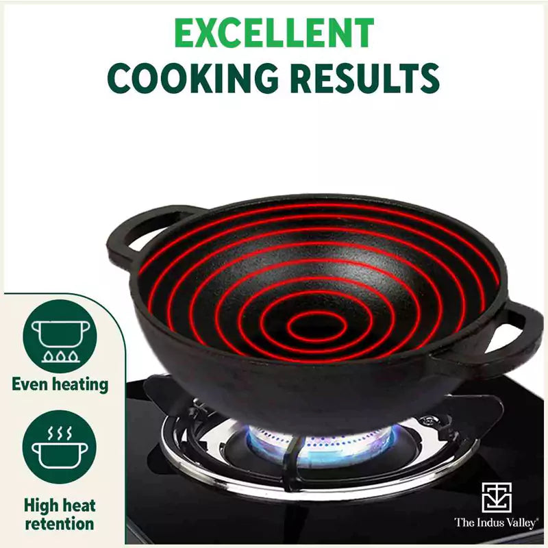 Cast Iron Kadai, Seasoned, Nonstick, 100% Pure, Toxin-free, Induction, 25.4 cm, 2.3 L, 2.5kg