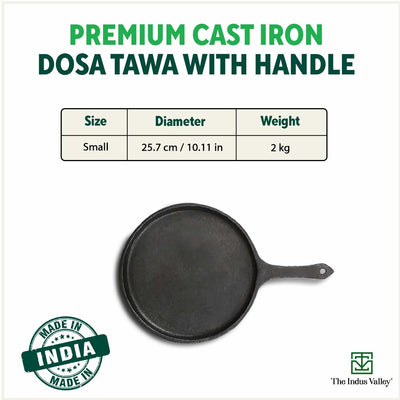 CASTrong Cast Iron Tawa with Handle, Pre-seasoned, 100% Pure, Toxin-free, Induction, 25.7cm, 2kg