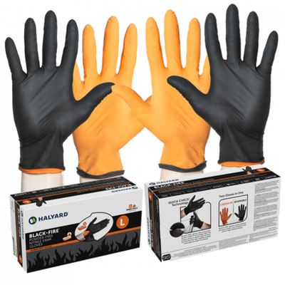 Black-Fire Nitrile Gloves, Black and Orange with Breach Detection, Fentanyl Resistance, Powder Free