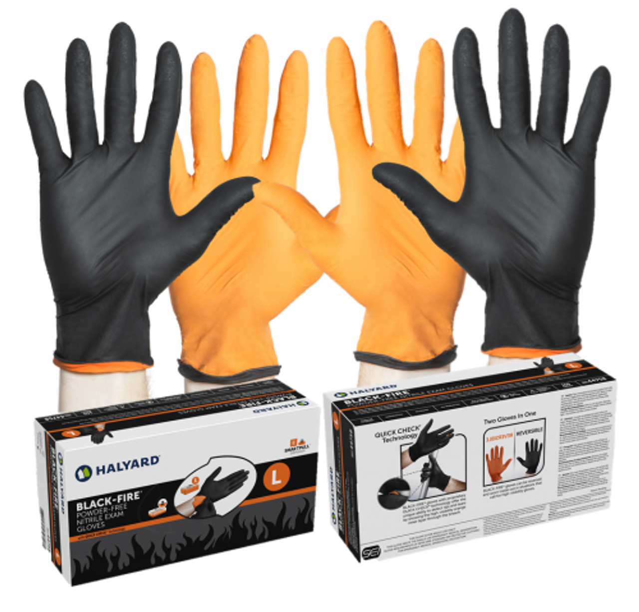 Black-Fire Nitrile Gloves, Black and Orange with Breach Detection, Fentanyl Resistance, Powder Free
