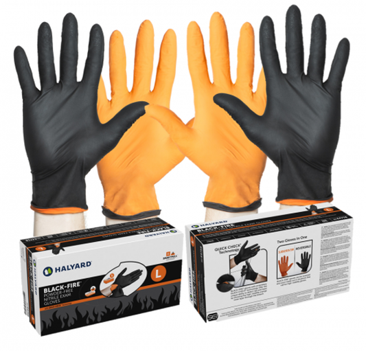 Black-Fire Nitrile Gloves, Black and Orange with Breach Detection, Fentanyl Resistance, Powder Free