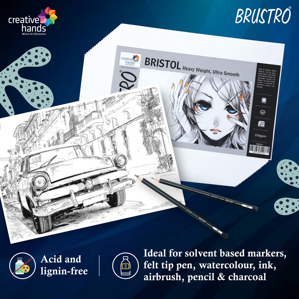 Brustro Bristol Ultra Smooth Paper 250 GSM, Size - 50 x 70 cm, 10 Sheets