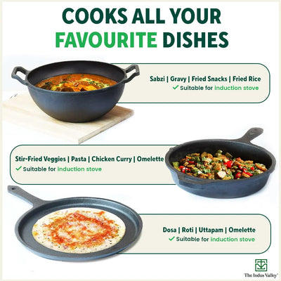 CASTrong Cast Iron Cookware Set: Tawa+ Kadai+ Frypan, Kitchen Set for Home, Pre-seasoned, 100% Pure, Induction, Free ₹400 Tadka Pan