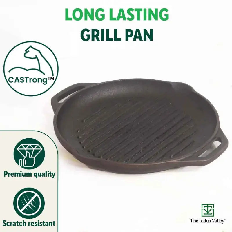 CASTrong Cast Iron Grill Pan, Round,Pre-seasoned, 100% Pure, Toxin-free, Induction, 27cm, 2.1kg