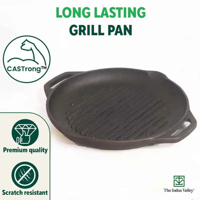 CASTrong Cast Iron Grill Pan, Round,Pre-seasoned, 100% Pure, Toxin-free, Induction, 27cm, 2.1kg