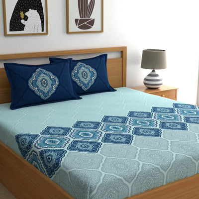 Dreamscape Blue Ethnic 144 TC Cotton Bedsheet with Reversible Pillow Covers