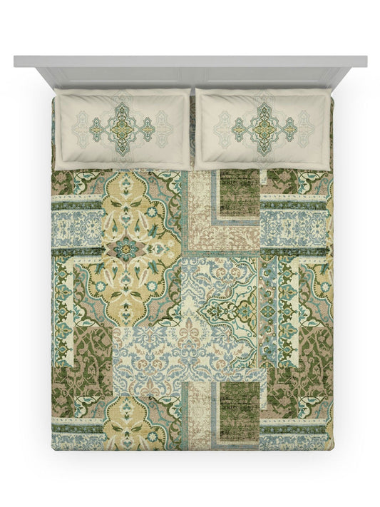 DDecor Green & White Ethnic Motifs Cotton 140 TC King Bedsheet with 2 Pillow Covers