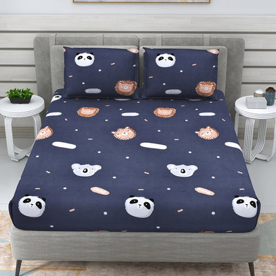 DREAM WEAVERZ Navy Blue & White Conversational Glazed Cotton 220 TC King Bedsheet with 2 Pillow Covers