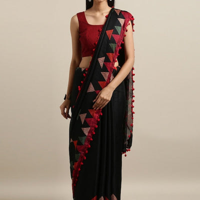 Black & Red Polycotton Printed Saree