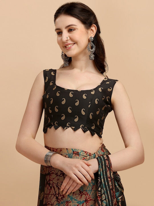 Black & Red Floral Printed Saree