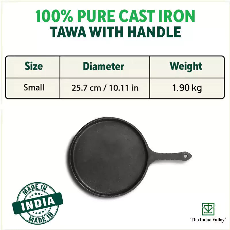 CASTrong Cast Iron Tawa with Handle, Pre-seasoned, 100% Pure, Toxin-free, Induction, 25.7cm, 2kg
