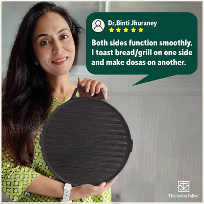CASTrong Cast Iron 2-in-1 Griddle (Grill Pan + Tawa), Pre-seasoned, 100% Pure, Toxin-free, Induction, Round, 26cm, 2.1 Kg