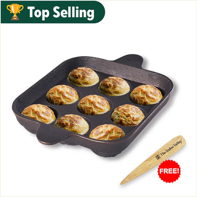 9 Pit/Cup CASTrong Cast Iron Paniyaram/Appe Pan+ Free Spatula, Pre-seasoned, Natural Nonstick, 100% Pure, Toxin-free, 24 cm, 1.34 kg