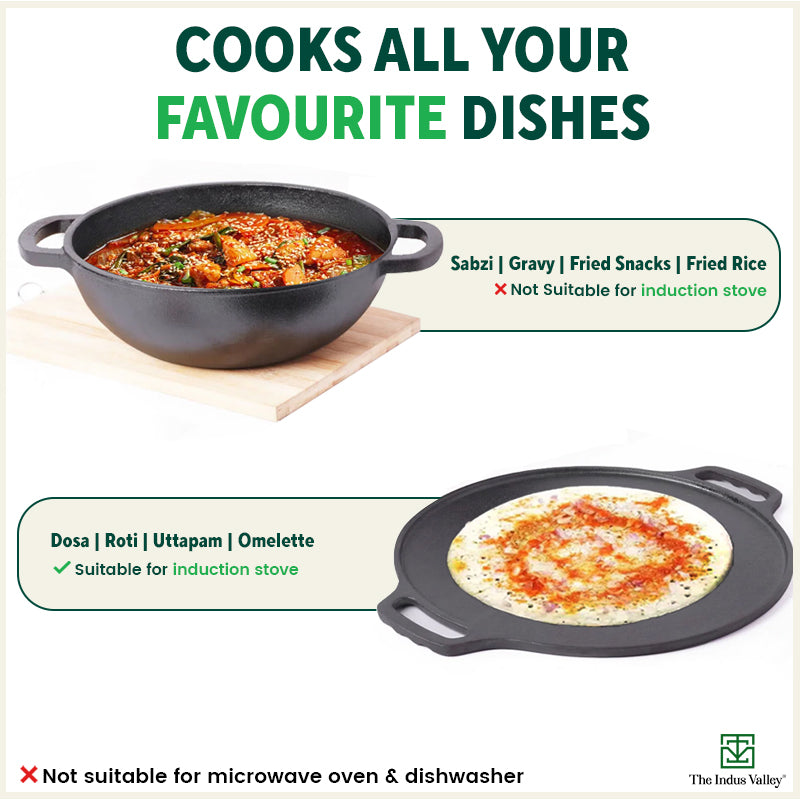 CASTrong Cast Iron Cookware Set: Tawa+ Kadai, Kitchen Set for Home, Pre-seasoned, 100% Pure, Toxin-free, Induction, Free ₹400 Tadka Pan