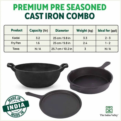 CASTrong Cast Iron Cookware Set: Free ₹110 Spatula +Tawa+Kadai+Frypan,Kitchen set for Home, Pre-seasoned,100% Pure,Induction
