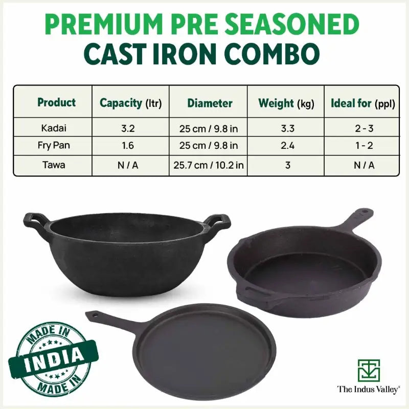 CASTrong Cast Iron Cookware Set: Free ₹110 Spatula +Tawa+Kadai+Frypan,Kitchen set for Home, Pre-seasoned,100% Pure,Induction