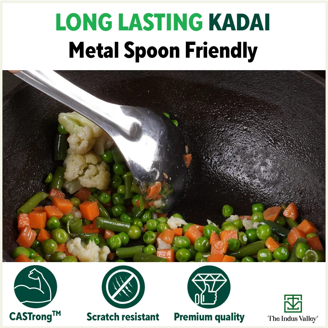 CASTrong Cast Iron Kadai, Pre-seasoned, Nonstick, 100% Pure, Toxin-free, Free ₹110 Spatula, 25.2cm, 2.2L, 2.37kg