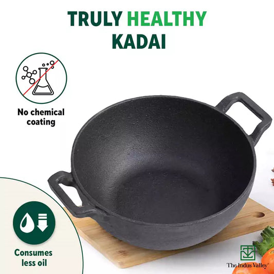 CASTrong Cast Iron Kadai, Pre-seasoned, Nonstick, 100% Pure, Toxin-free, Induction, 21/25cm, 1.7L/3.1L, 1.7kg/3.3kg