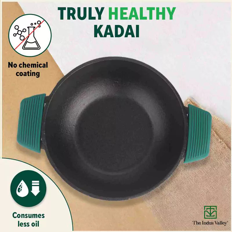 Cast Iron Kadai, Seasoned, Nonstick, 100% Pure, Toxin-free, Induction, 25.4 cm, 2.3 L, 2.5kg