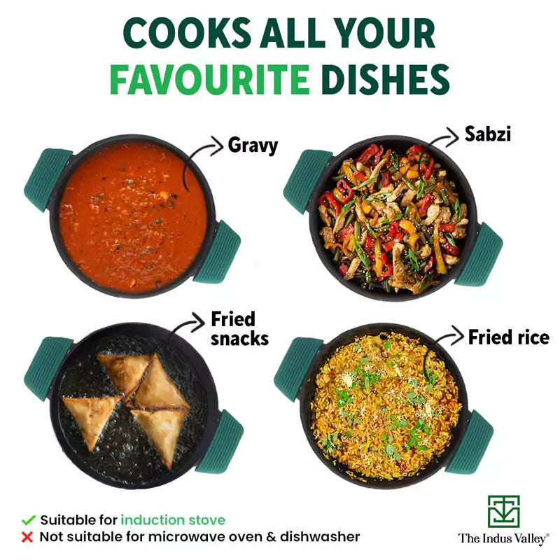 Cast Iron Kadai, Seasoned, Nonstick, 100% Pure, Toxin-free, Induction, 25.4 cm, 2.3 L, 2.5kg