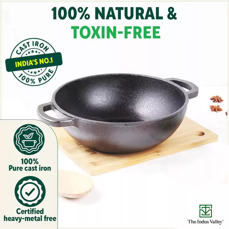 Cast Iron Kadai, Seasoned, Nonstick, 100% Pure, Toxin-free, Induction, 25.4 cm, 2.3 L, 2.5kg