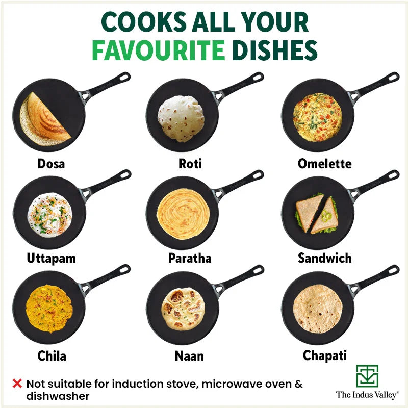 CASTrong Cast Iron Tawa with Handle, Pre-seasoned, 100% Pure, Toxin-free, Induction, 25.7cm, 2kg
