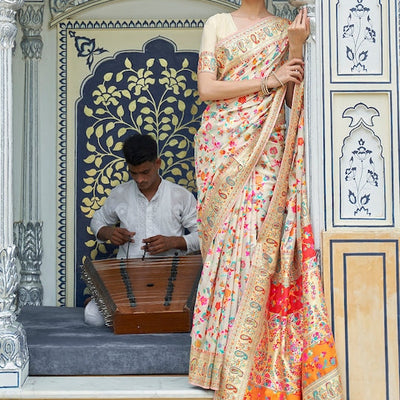 Cream-Coloured & Red Floral Silk Blend Saree