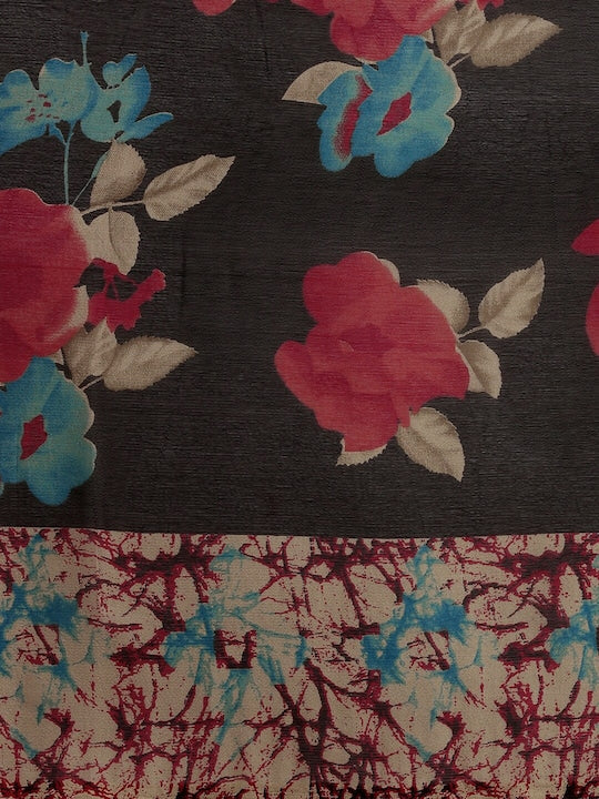 Black & Red Floral Printed Saree