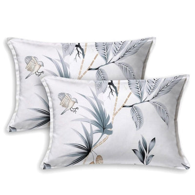 haus & kinder White & Grey Floral 186 TC Pure Cotton King Bedsheet & 2 Pillow Covers