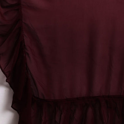 Burgundy Solid Poly Georgette Ruffled Saree