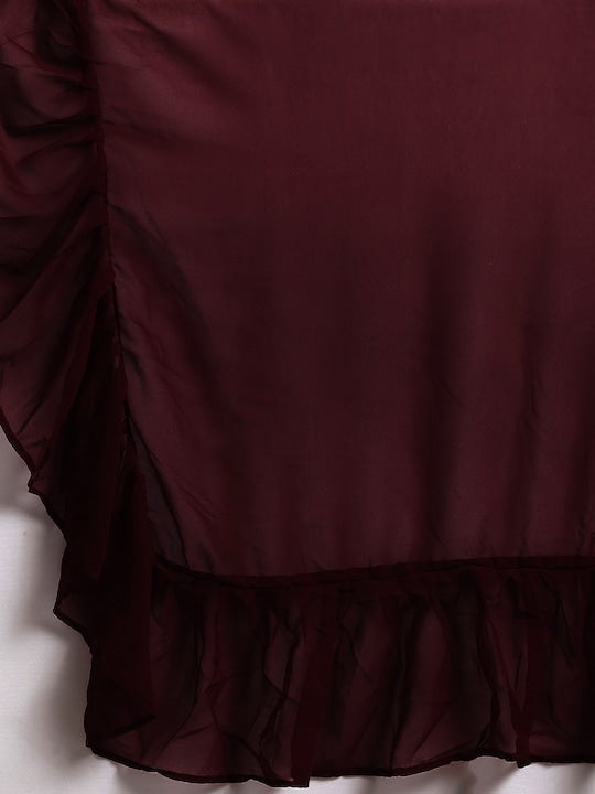 Burgundy Solid Poly Georgette Ruffled Saree