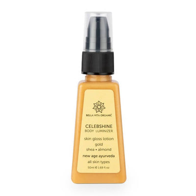 Bella Vita Organic Celeb Shine Body Luminizing Shimmer skin Gloss Lotion Gold Shea Butter Almond