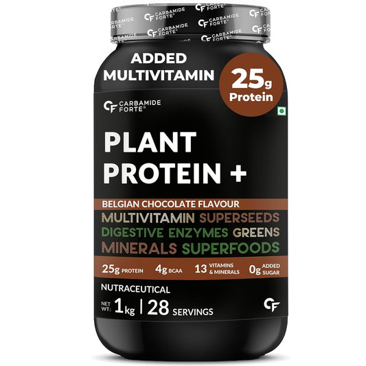 Carbamide Forte Plant Protein Powder - Plant Based Protein Powder with Multivitamin, Minerals, Superfoods, Pea Protein, Digestive Enzymes | Plant Protein Powder - Belgian Chocolate Flavour - 1kg