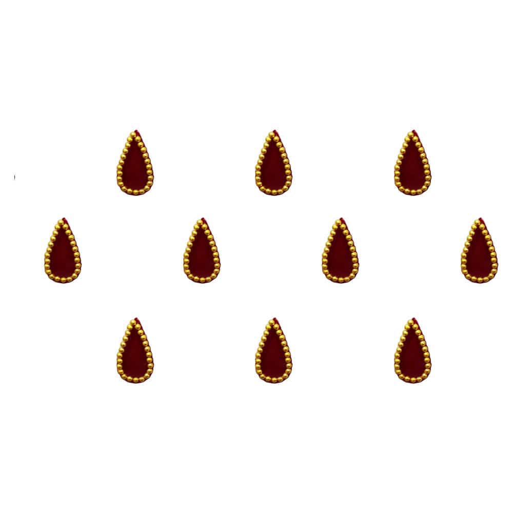 Comet Busters Traditional Maroon Tear Drop Bindis With Golden Border (10mm) (BIN1157)