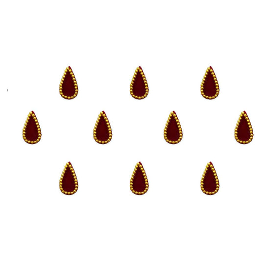 Comet Busters Traditional Maroon Tear Drop Bindis With Golden Border (10mm) (BIN1157)