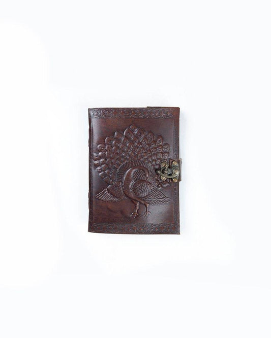 Brown Leather Peacock Motif Embossed Diary