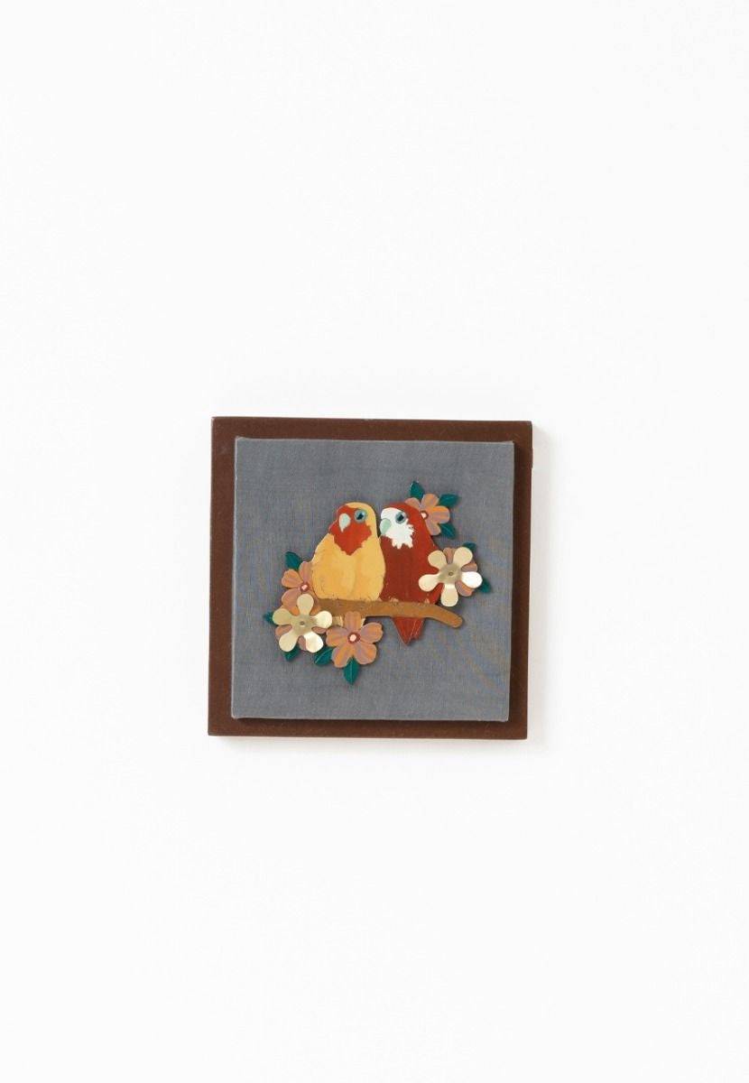 Gray Mashru Fabric Genus Agapornis Wall Frame - Brass Cutout