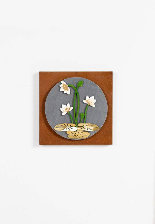 Lotus and Leaf Composition in a Circular Dial Wall Frame