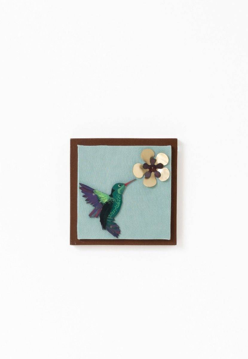 Mashru Wall Frame with Hand-Painted Hummingbird - Brass Cutout